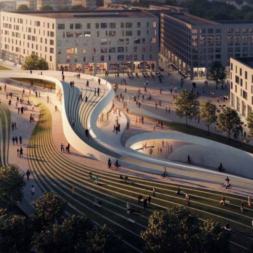 Illustrasjonsbilde av fremtidens Fornebu med boliger, t-banestasjon og kontorbygg.